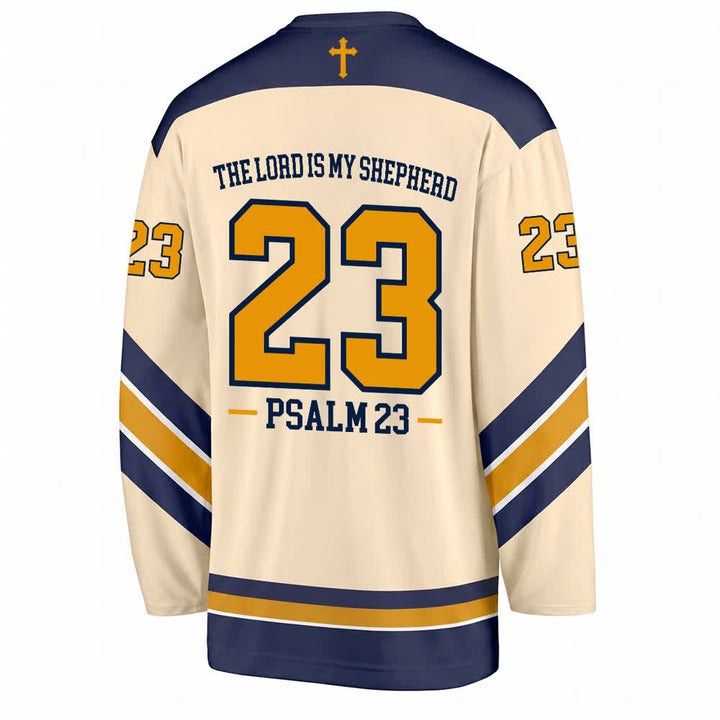 Christianartworkshop Salmo 23 Versículo del Pastor Camiseta de hockey azul marino y dorado - image 2