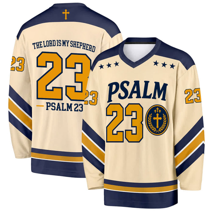 Christianartworkshop Salmo 23 Versículo del Pastor Camiseta de hockey azul marino y dorado - 5XL - image 0