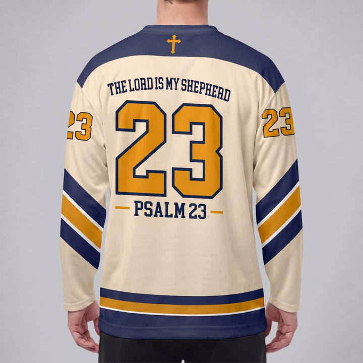 Christianartworkshop Salmo 23 Versículo del Pastor Camiseta de hockey azul marino y dorado - image 4