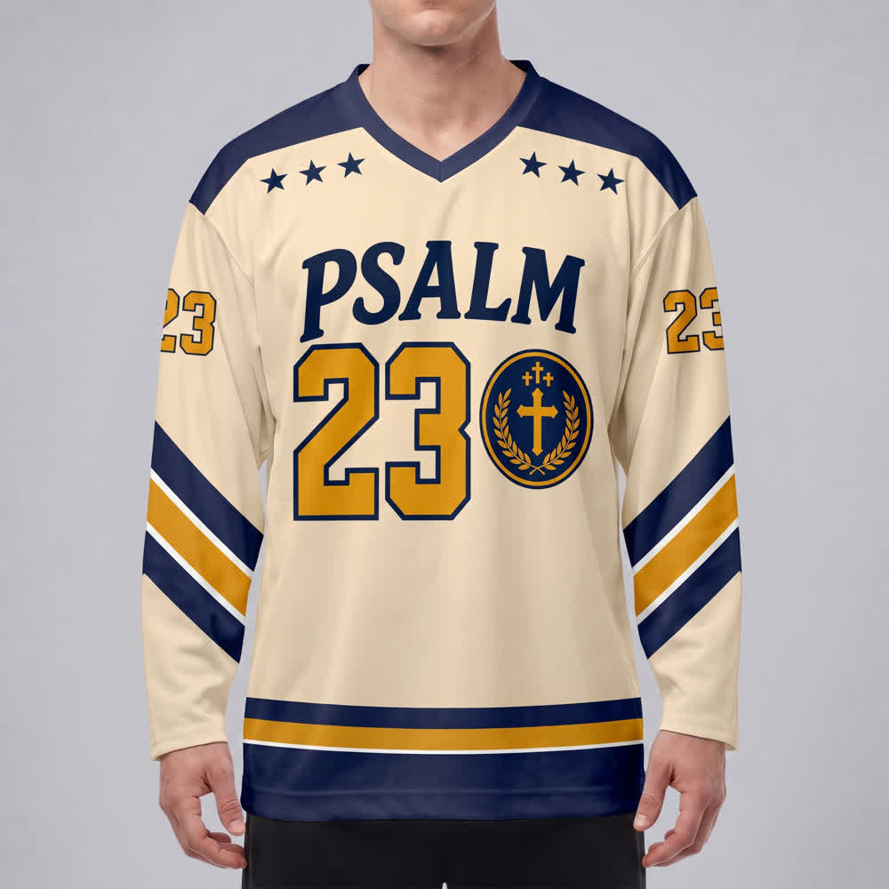 Christianartworkshop Salmo 23 Versículo del Pastor Camiseta de hockey azul marino y dorado - image 3