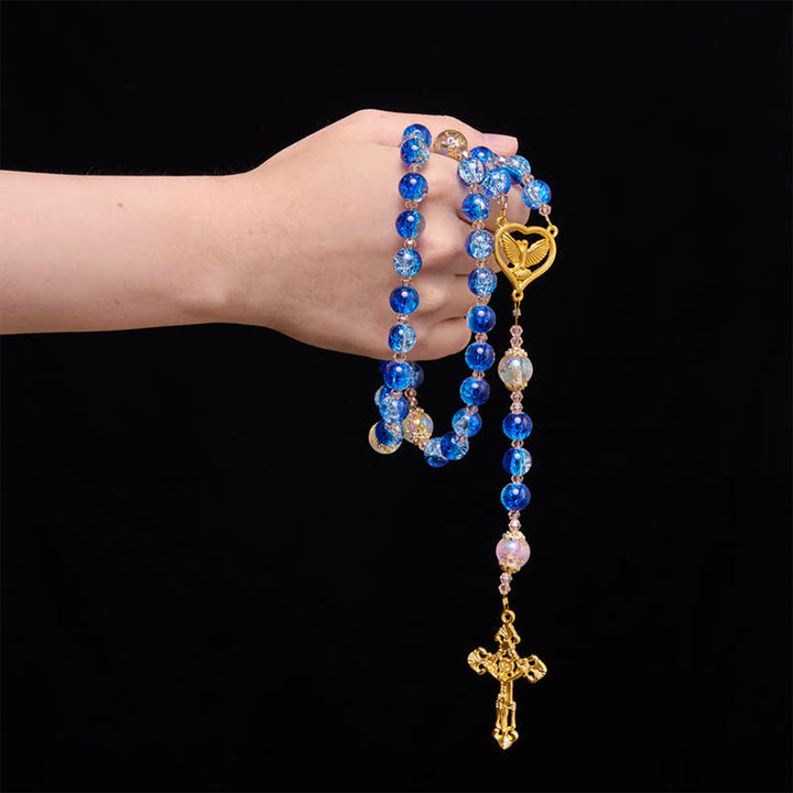 Christianartworkshop Rosario del Espíritu Santo de cristal craquelado azul océano: Signo de silenciosa bendición celestial. - image 1
