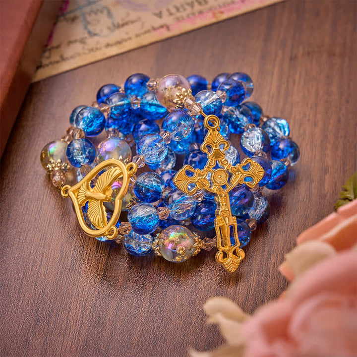Christianartworkshop Rosario del Espíritu Santo de cristal craquelado azul océano: Signo de silenciosa bendición celestial. - image 2