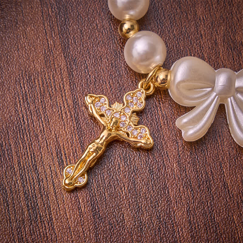 Christianartworkshop Pulsera de rosario con lazo de cuentas blancas y crucifijo enjoyado: emblema de la dulce gracia celestial. - image 6