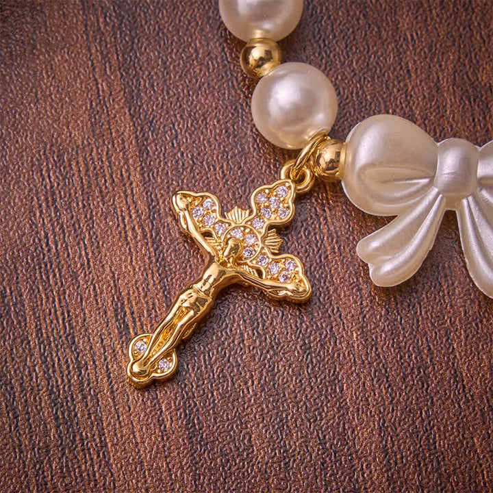 Christianartworkshop Pulsera de rosario con lazo de cuentas blancas y crucifijo enjoyado: emblema de la dulce gracia celestial. - image 6