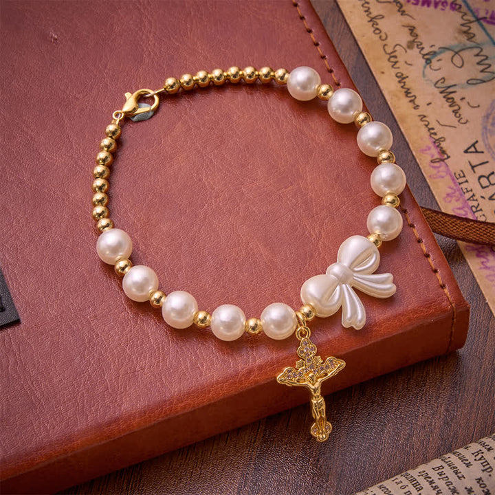 Christianartworkshop Pulsera de rosario con lazo de cuentas blancas y crucifijo enjoyado: emblema de la dulce gracia celestial. - image 3