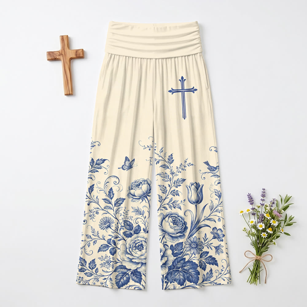 Christianartworkshop Pantalones de pierna ancha para mujer con detalle de cruz y estampado floral azul - image 2