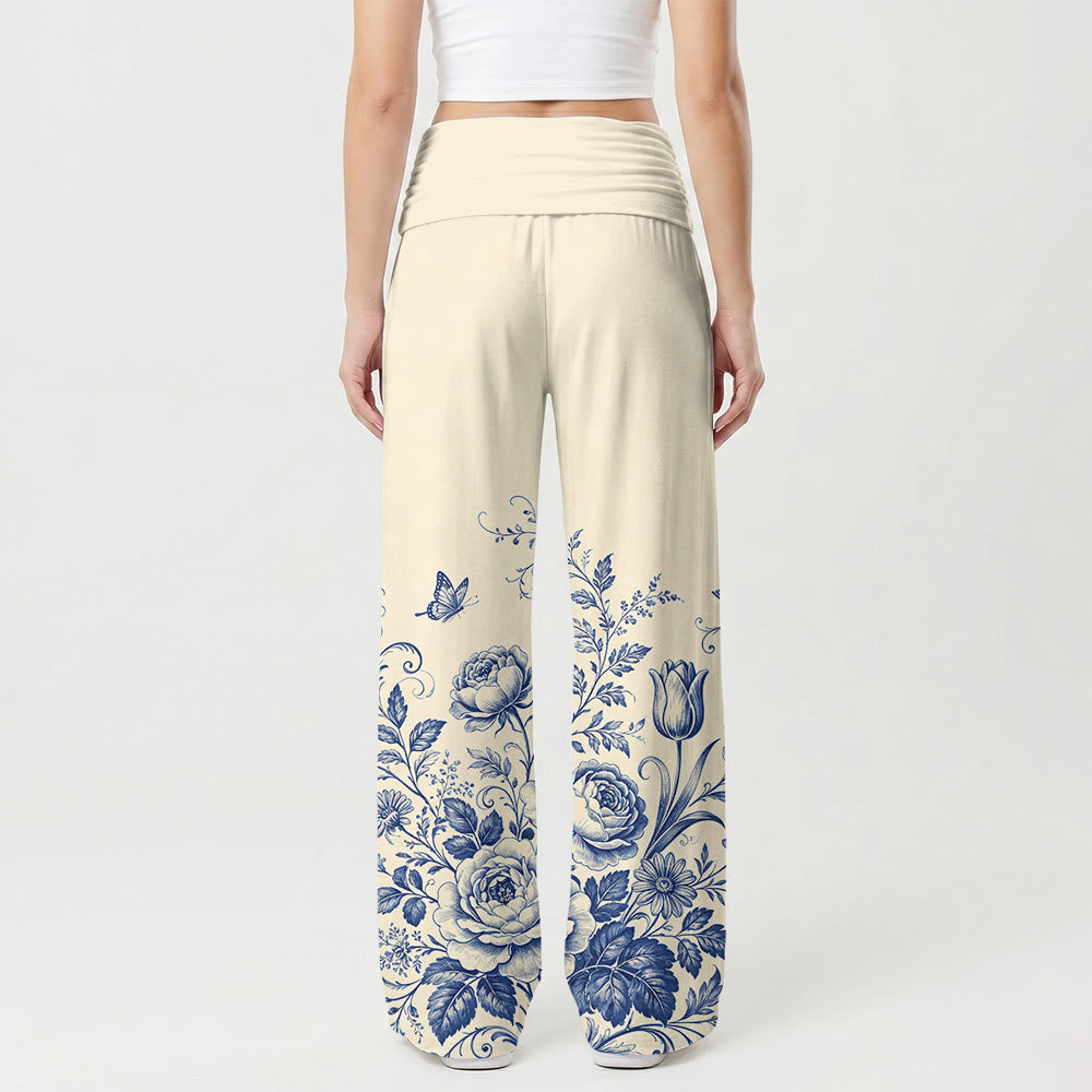 Christianartworkshop Pantalones de pierna ancha para mujer con detalle de cruz y estampado floral azul - image 1