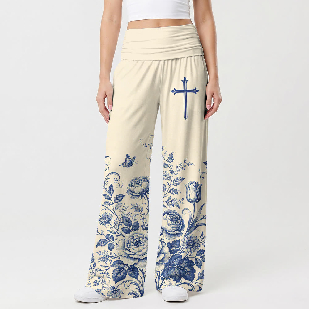Christianartworkshop Pantalones de pierna ancha para mujer con detalle de cruz y estampado floral azul - EE. UU. 22, Reino Unido/Australia 26, UE 54 - image 0