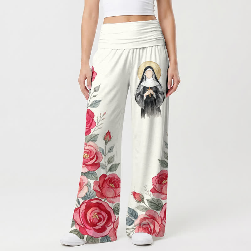 Christianartworkshop Pantalones de pierna ancha para mujer con estampado de acuarela de rosa y monja haloada - EE. UU. 22, Reino Unido/Australia 26, UE 54 - image 0