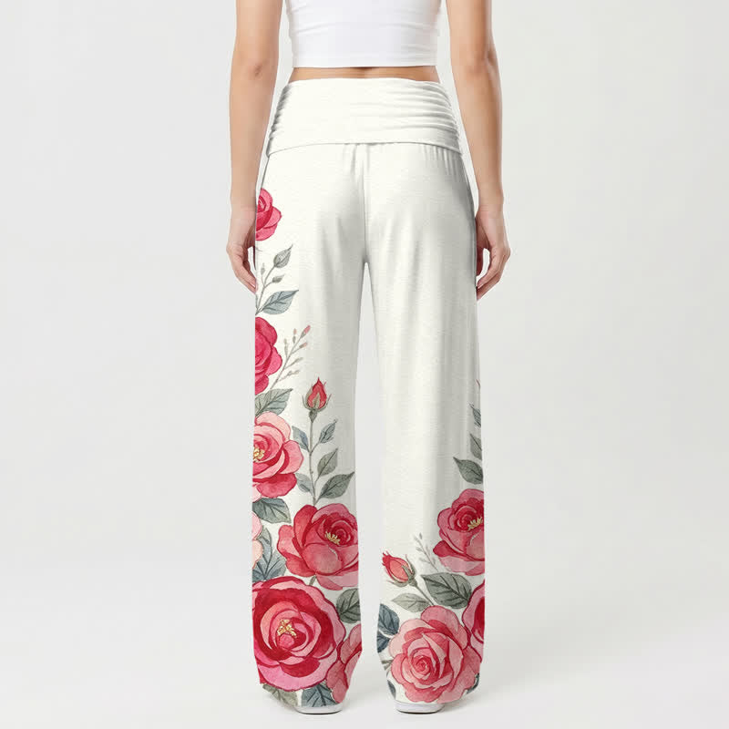 Christianartworkshop Pantalones de pierna ancha para mujer con estampado de acuarela de rosa y monja haloada - image 1