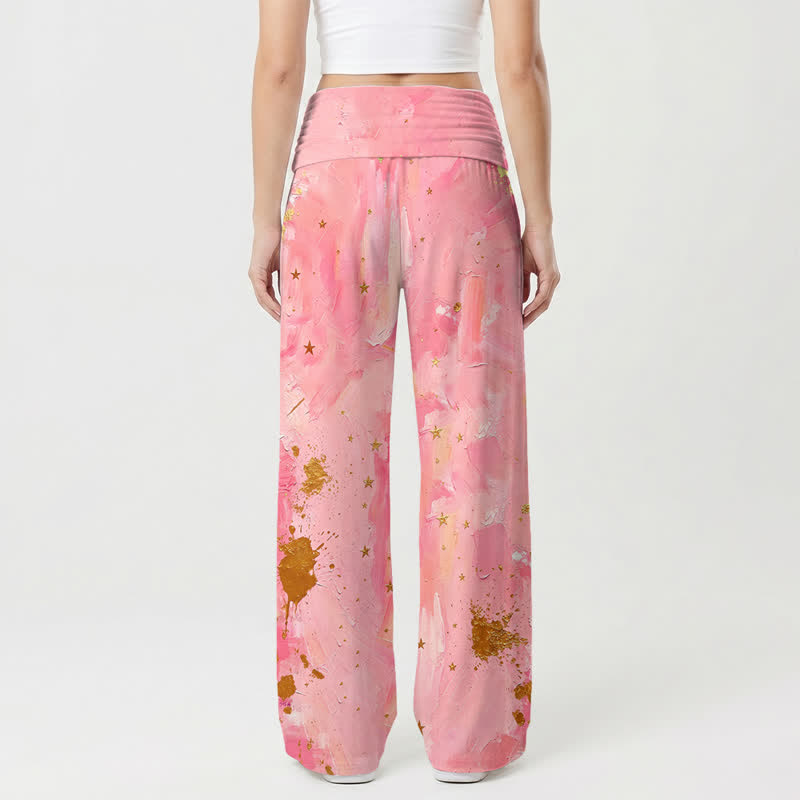 Christianartworkshop Pantalones de mujer de pierna ancha con cintura plegable y estampado Pink Moon Halo. - image 1