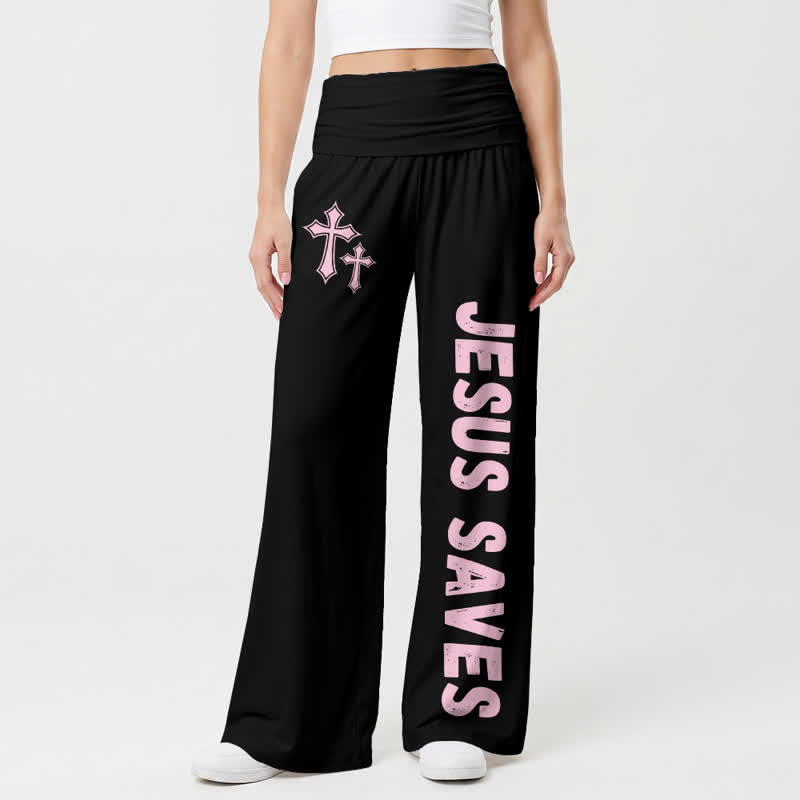 Christianartworkshop Pantalones de mujer de pierna ancha con cruz rosa y cuello plegable de Jesús Salva - Negro - EE. UU. 22, Reino Unido/Australia 26, UE 54 - image 0