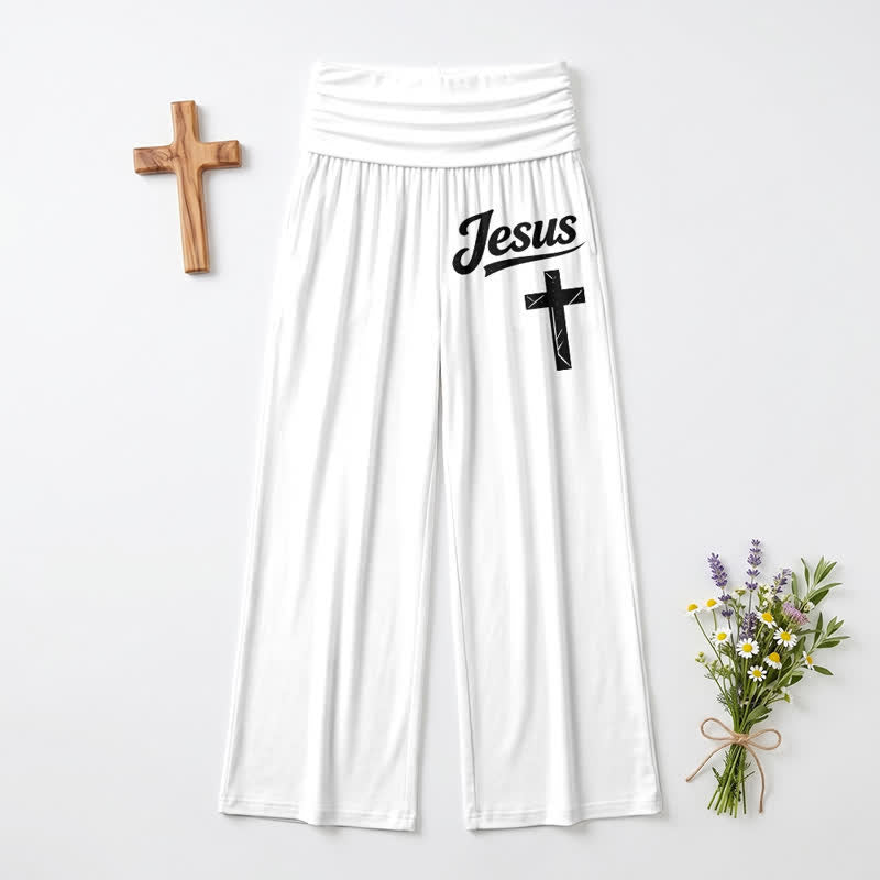 Christianartworkshop Pantalones de mujer de pierna ancha con cintura alta y caída suave con cruz de Jesús. - Blanco - EE. UU. 22, Reino Unido/Australia 26, UE 54 - image 0
