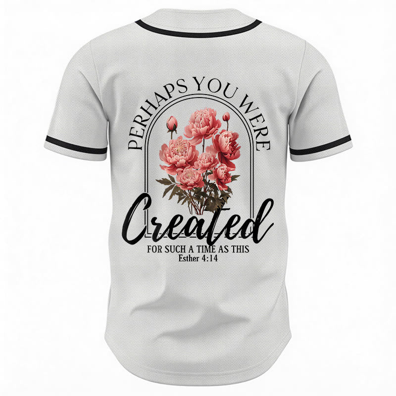 Christianartworkshop "Quizás fuiste creado para un momento como este" Ester 4:14 Camiseta de béisbol con botones y estampado de peonías Faith - image 1