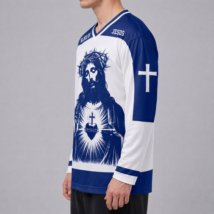Camiseta de hockey de manga larga con la sangre del Sagrado Corazón de Jesús de Christianartworkshop  - image 2