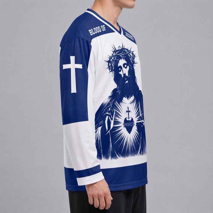 Camiseta de hockey de manga larga con la sangre del Sagrado Corazón de Jesús de Christianartworkshop  - image 3