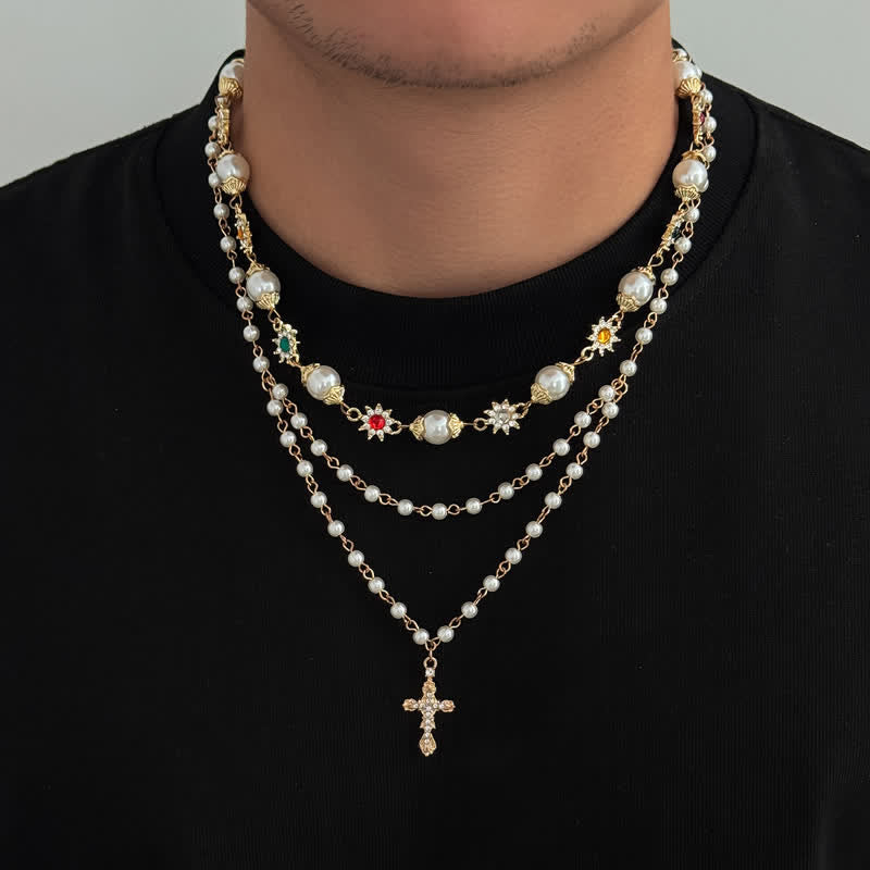 Christianartworkshop Cadena escalonada con cruz de perlas sintéticas: símbolo de suave protección divina. - Dorado - image 0