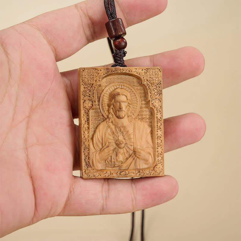 Christianartworkshop Colgante de Jesús en relieve de madera enmarcado: Vaso de gracia sagrada eterna. - Madera de olivo - image 4