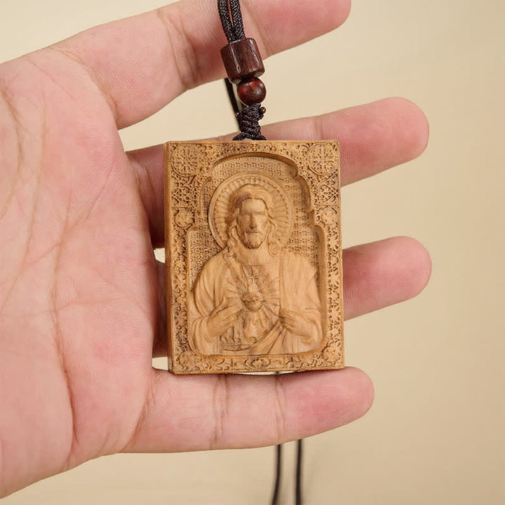 Christianartworkshop Colgante de Jesús en relieve de madera enmarcado: Vaso de gracia sagrada eterna. - Madera de olivo - image 4