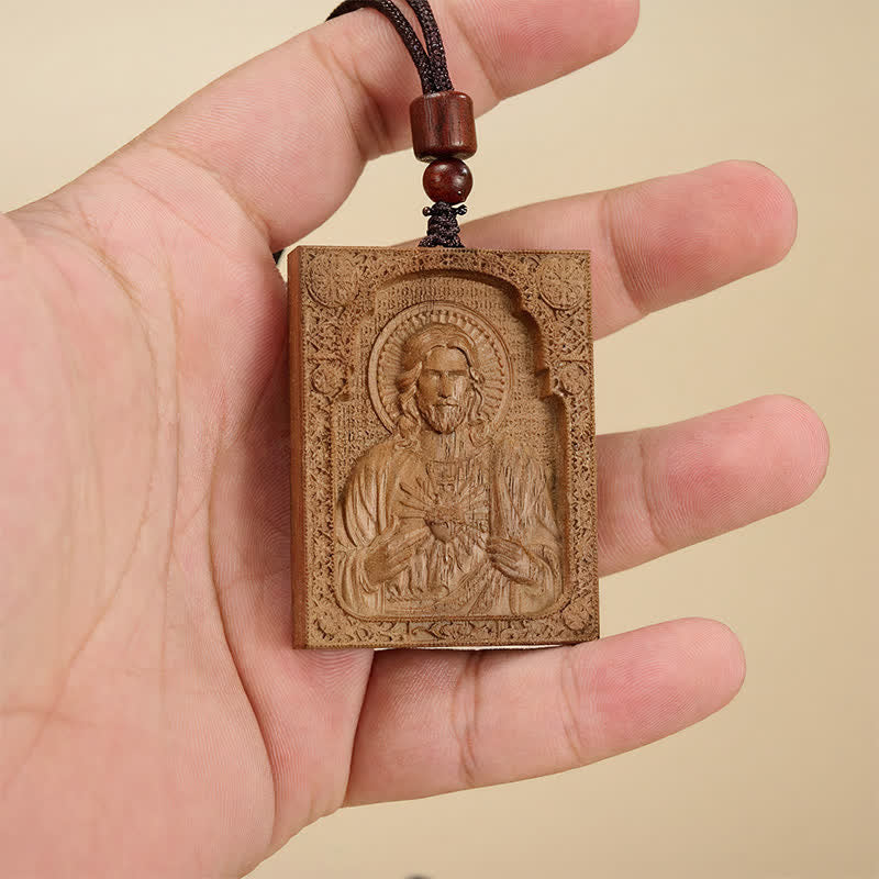 Christianartworkshop Colgante de Jesús en relieve de madera enmarcado: Vaso de gracia sagrada eterna. - Nogal americano - image 6