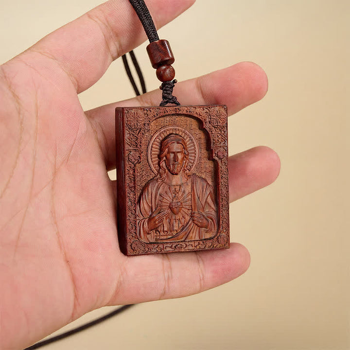 Christianartworkshop Colgante de Jesús en relieve de madera enmarcado: Vaso de gracia sagrada eterna. - Sándalo rojo - image 0