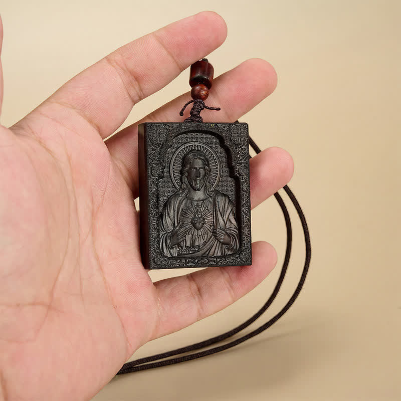 Christianartworkshop Colgante de Jesús en relieve de madera enmarcado: Vaso de gracia sagrada eterna. - Ébano africano - image 3