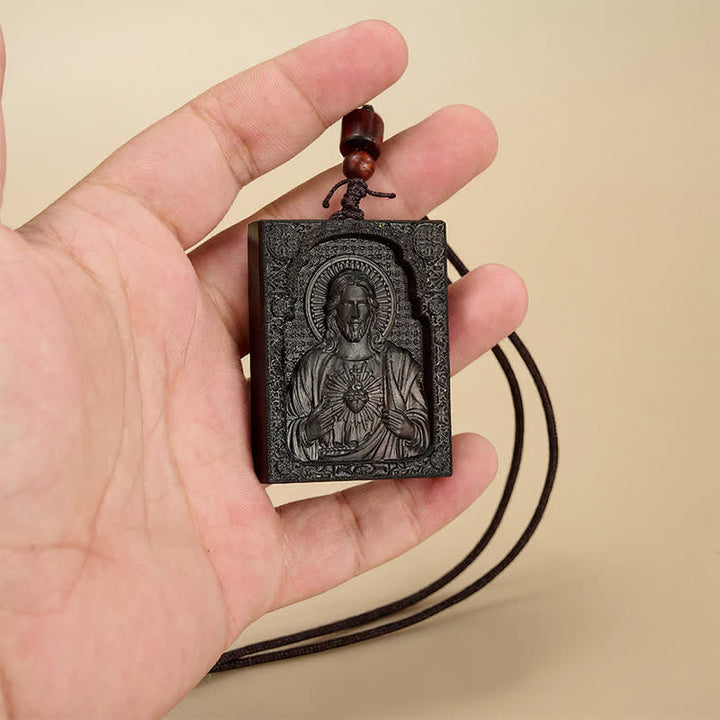 Christianartworkshop Colgante de Jesús en relieve de madera enmarcado: Vaso de gracia sagrada eterna. - Ébano africano - image 3