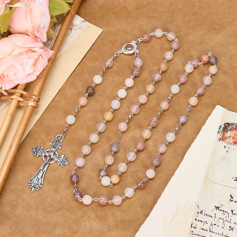 Christianartworkshop Rosario con crucifijo de aleación vintage y piedra natural: emblema de la eterna protección celestial. - Crucifijo - image 0