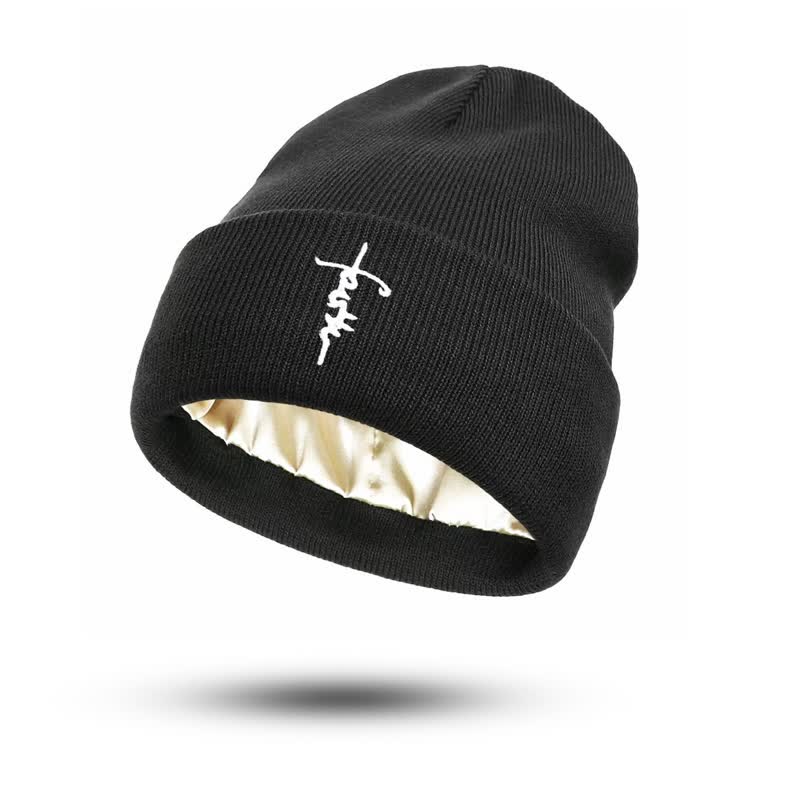Christianartworkshop Gorro de punto forrado de satén con cruz y escritura de Jesús en tres colores - Negro - image 0