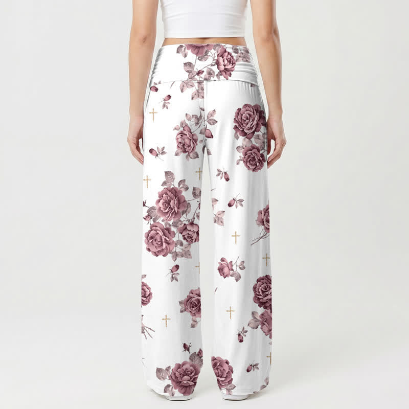 Christianartworkshop Pantalones palazzo de pierna ancha de talle alto con estampado de cruz de rosas para mujer - image 1