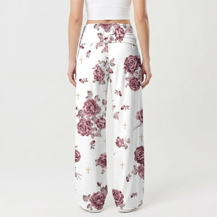 Christianartworkshop Pantalones palazzo de pierna ancha de talle alto con estampado de cruz de rosas para mujer - image 1