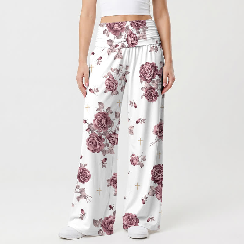 Christianartworkshop Pantalones palazzo de pierna ancha de talle alto con estampado de cruz de rosas para mujer - EE. UU. 22, Reino Unido/Australia 26, UE 54 - image 0