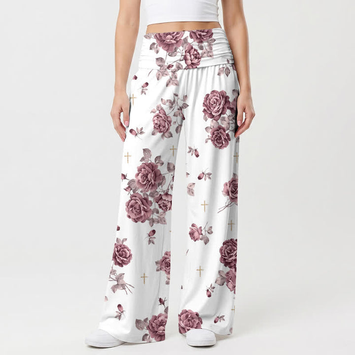 Christianartworkshop Pantalones palazzo de pierna ancha de talle alto con estampado de cruz de rosas para mujer - EE. UU. 22, Reino Unido/Australia 26, UE 54 - image 0