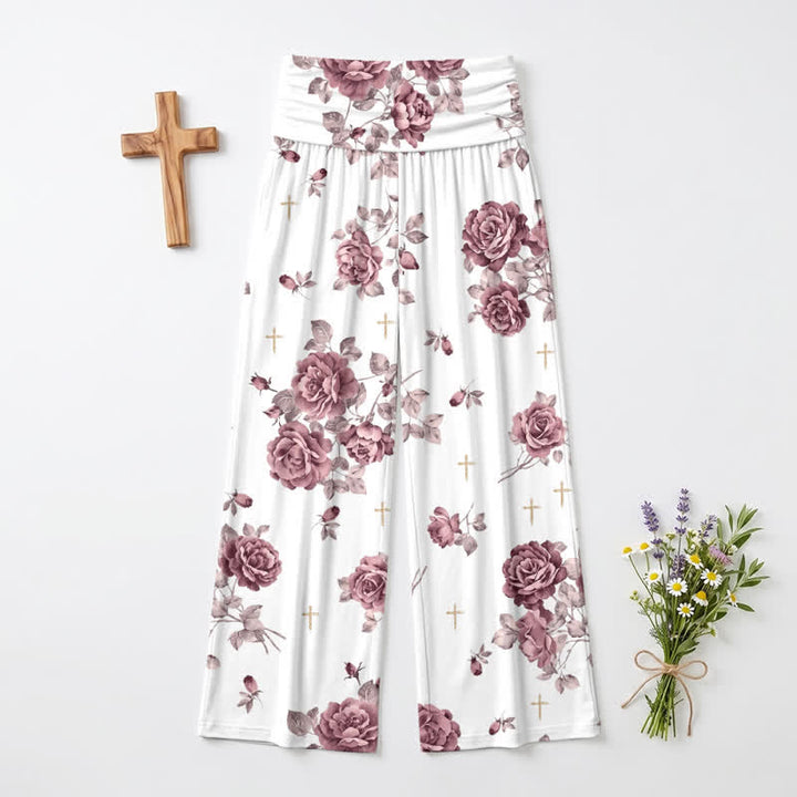 Christianartworkshop Pantalones palazzo de pierna ancha de talle alto con estampado de cruz de rosas para mujer - image 2