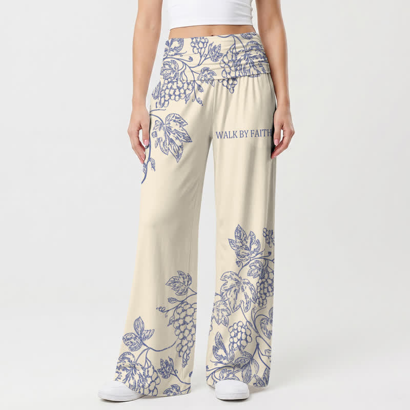 Christianartworkshop Pantalones de pierna ancha para mujer Walk By Faith con estampado de enredaderas azules. - image 2