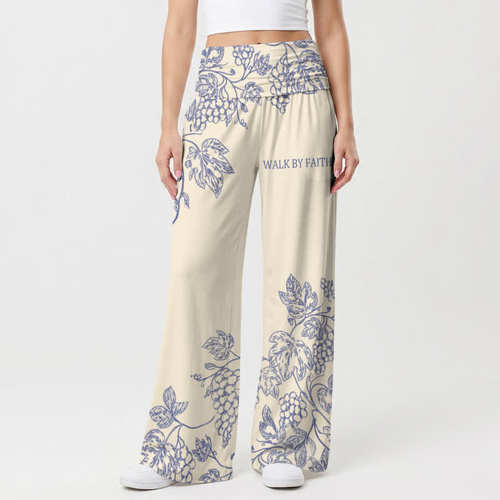 Christianartworkshop Pantalones de pierna ancha para mujer Walk By Faith con estampado de enredaderas azules. - image 2
