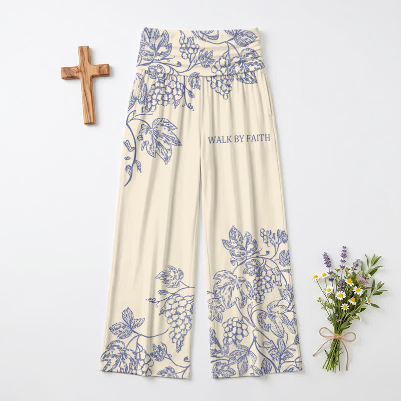 Christianartworkshop Pantalones de pierna ancha para mujer Walk By Faith con estampado de enredaderas azules. - EE. UU. 22, Reino Unido/Australia 26, UE 54 - image 0