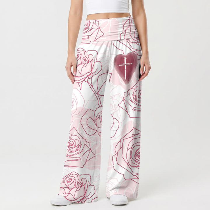 Christianartworkshop Pantalones de pierna ancha para mujer Blush Rose Heart Cross Lounge - EE. UU. 22, Reino Unido/Australia 26, UE 54 - image 0