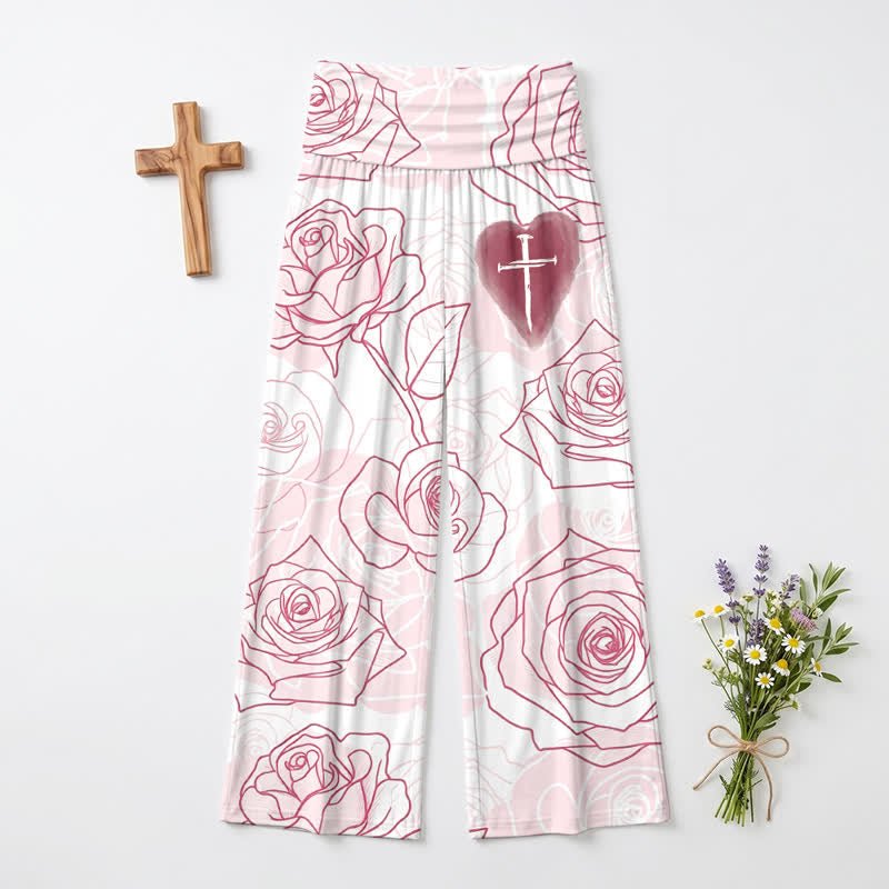 Christianartworkshop Pantalones de pierna ancha para mujer Blush Rose Heart Cross Lounge - image 2