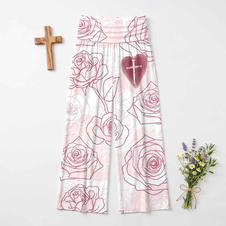 Christianartworkshop Pantalones de pierna ancha para mujer Blush Rose Heart Cross Lounge - image 2