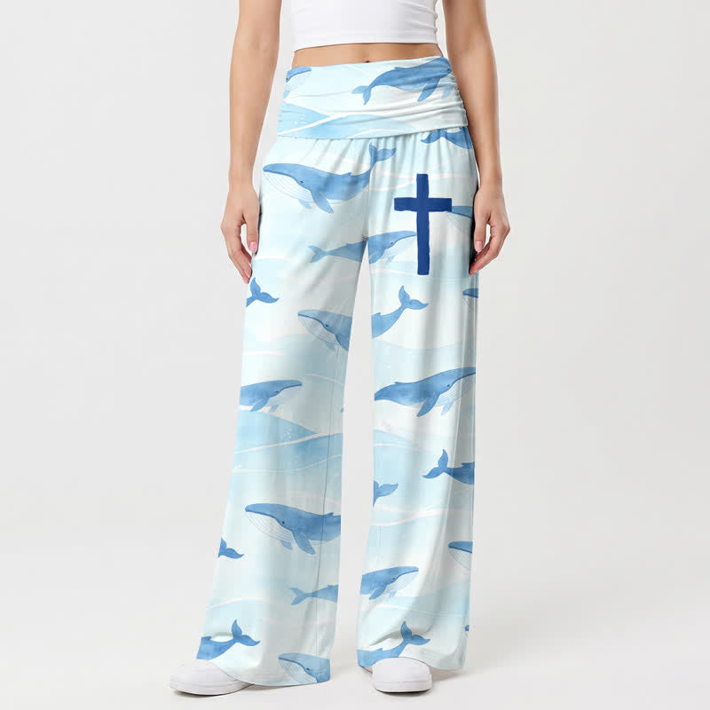 Christianartworkshop Pantalones de mujer de talle alto y pierna ancha con estampado de ballenas y cruces oceánicas - EE. UU. 22, Reino Unido/Australia 26, UE 54 - image 0