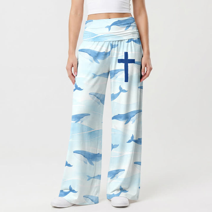 Christianartworkshop Pantalones de mujer de talle alto y pierna ancha con estampado de ballenas y cruces oceánicas - EE. UU. 22, Reino Unido/Australia 26, UE 54 - image 0