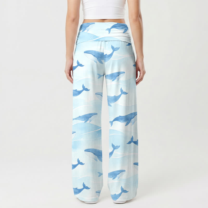 Christianartworkshop Pantalones de mujer de talle alto y pierna ancha con estampado de ballenas y cruces oceánicas - image 1