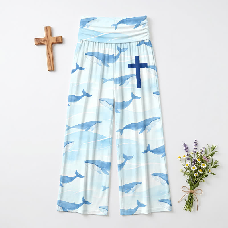 Christianartworkshop Pantalones de mujer de talle alto y pierna ancha con estampado de ballenas y cruces oceánicas - image 2