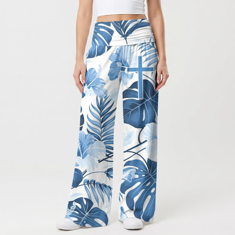 Christianartworkshop Pantalones de mujer de talle alto y pierna ancha con estampado floral tropical azul - image 2