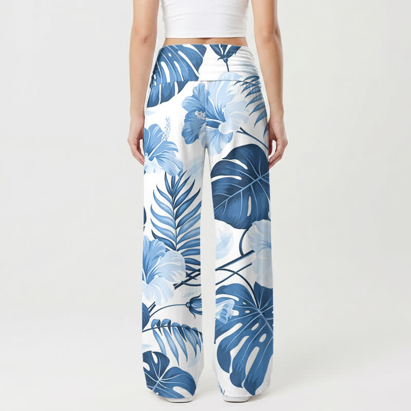 Christianartworkshop Pantalones de mujer de talle alto y pierna ancha con estampado floral tropical azul - image 1