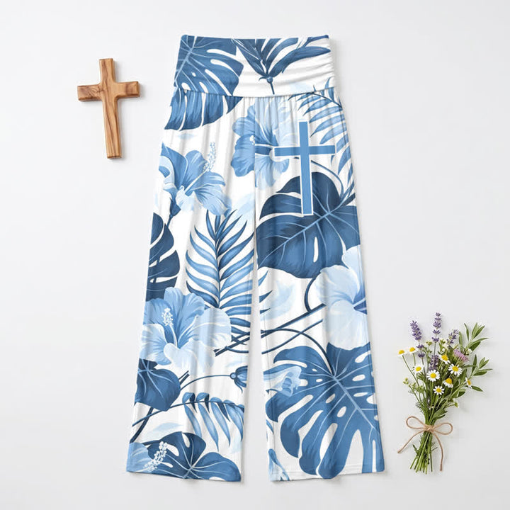 Christianartworkshop Pantalones de mujer de talle alto y pierna ancha con estampado floral tropical azul - EE. UU. 22, Reino Unido/Australia 26, UE 54 - image 0