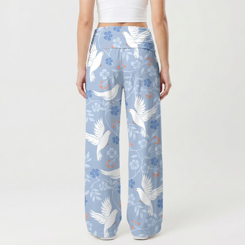 Christianartworkshop Pantalones de mujer de talle alto y pierna ancha con estampado de flores de paloma en azul cielo. - image 1