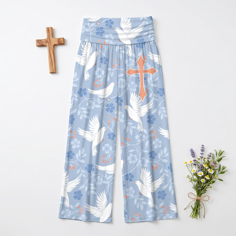 Christianartworkshop Pantalones de mujer de talle alto y pierna ancha con estampado de flores de paloma en azul cielo. - image 2