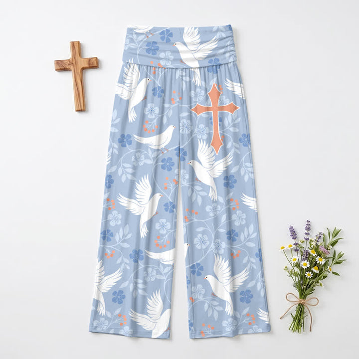 Christianartworkshop Pantalones de mujer de talle alto y pierna ancha con estampado de flores de paloma en azul cielo. - image 2